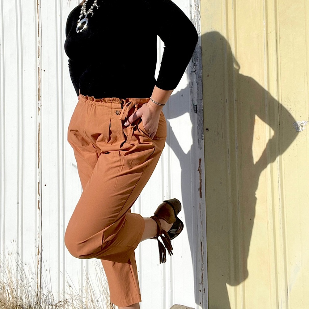Burnt orange paper bag cropped trousers